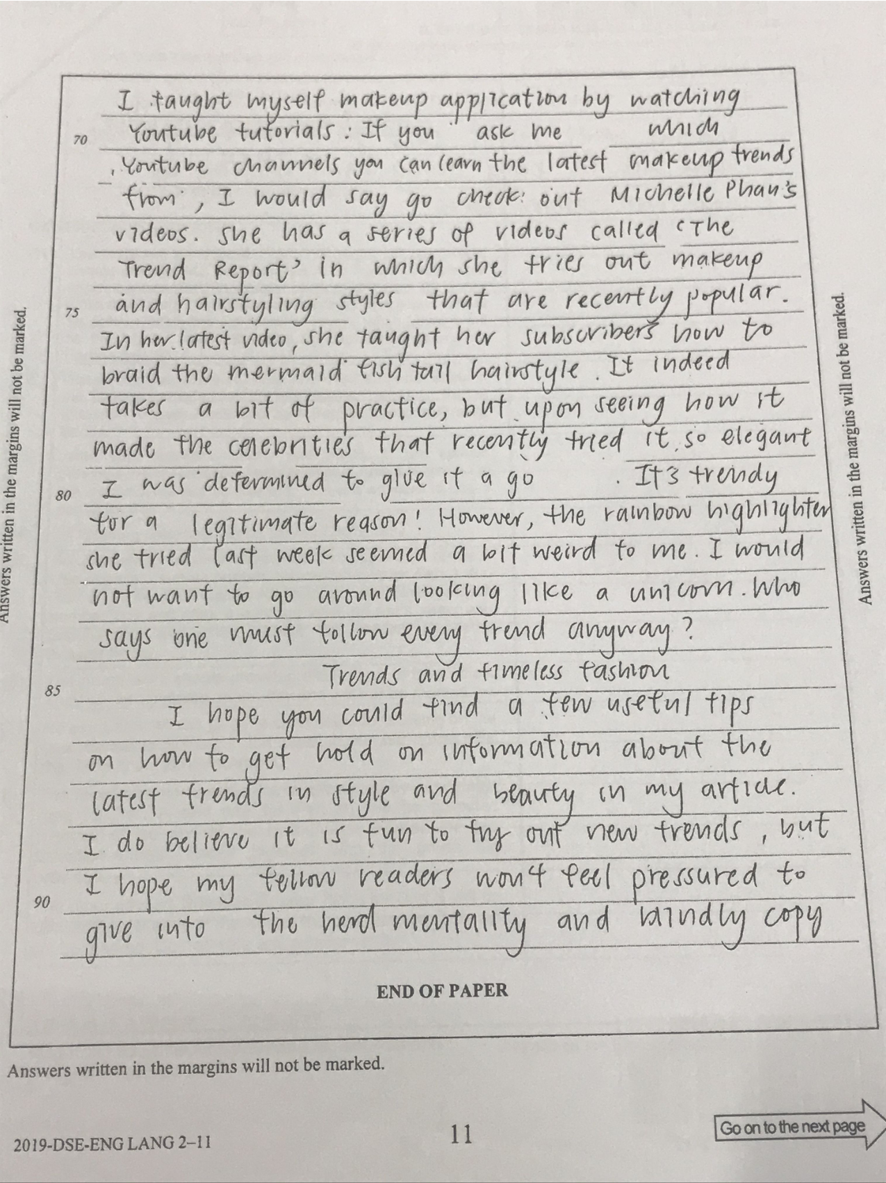 Booklet p.11 — learning makeup from YouTube, then 'Trends and timeless fashion'; to End of Paper