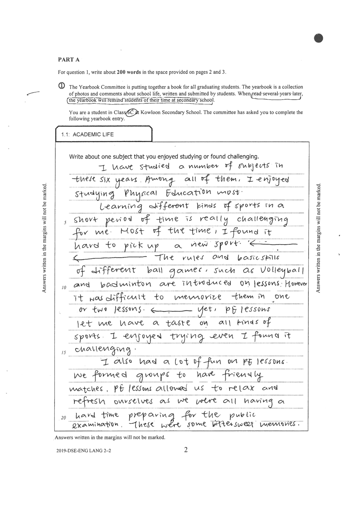 Booklet p.2 — 1.1 Academic Life: enjoying PE, the challenge of picking up new sports, and PE as a break from exam stress