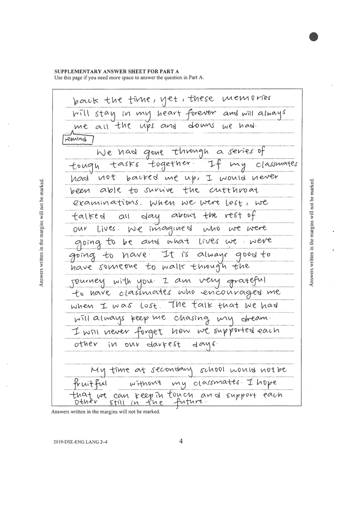 Part A supplementary sheet — classmates who backed each other through the 'cutthroat examinations', and a hope to keep in touch
