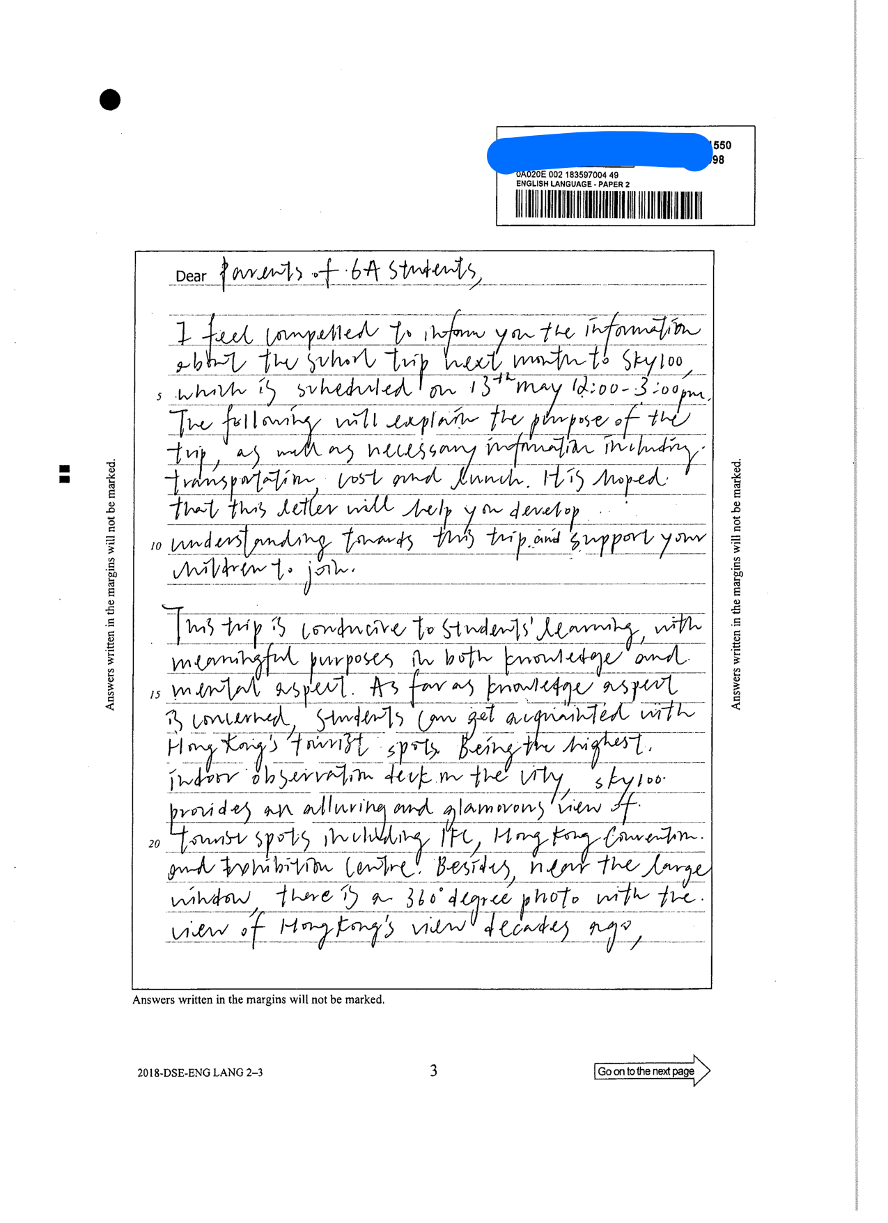 Booklet p.3 - opening of the letter to parents about the Sky100 trip