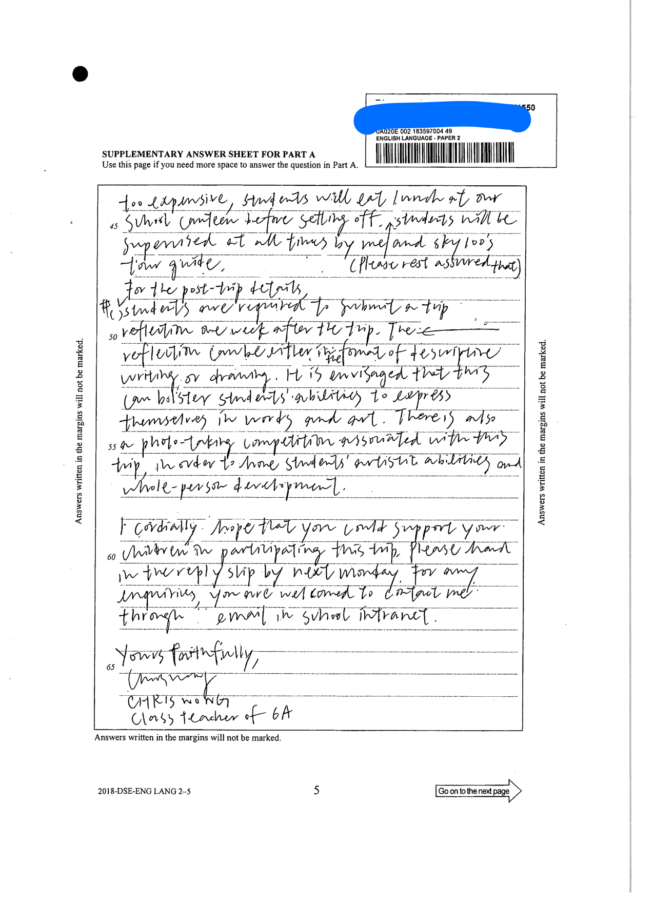 Part A supplementary sheet - post-trip details and the sign-off from Chris Wong