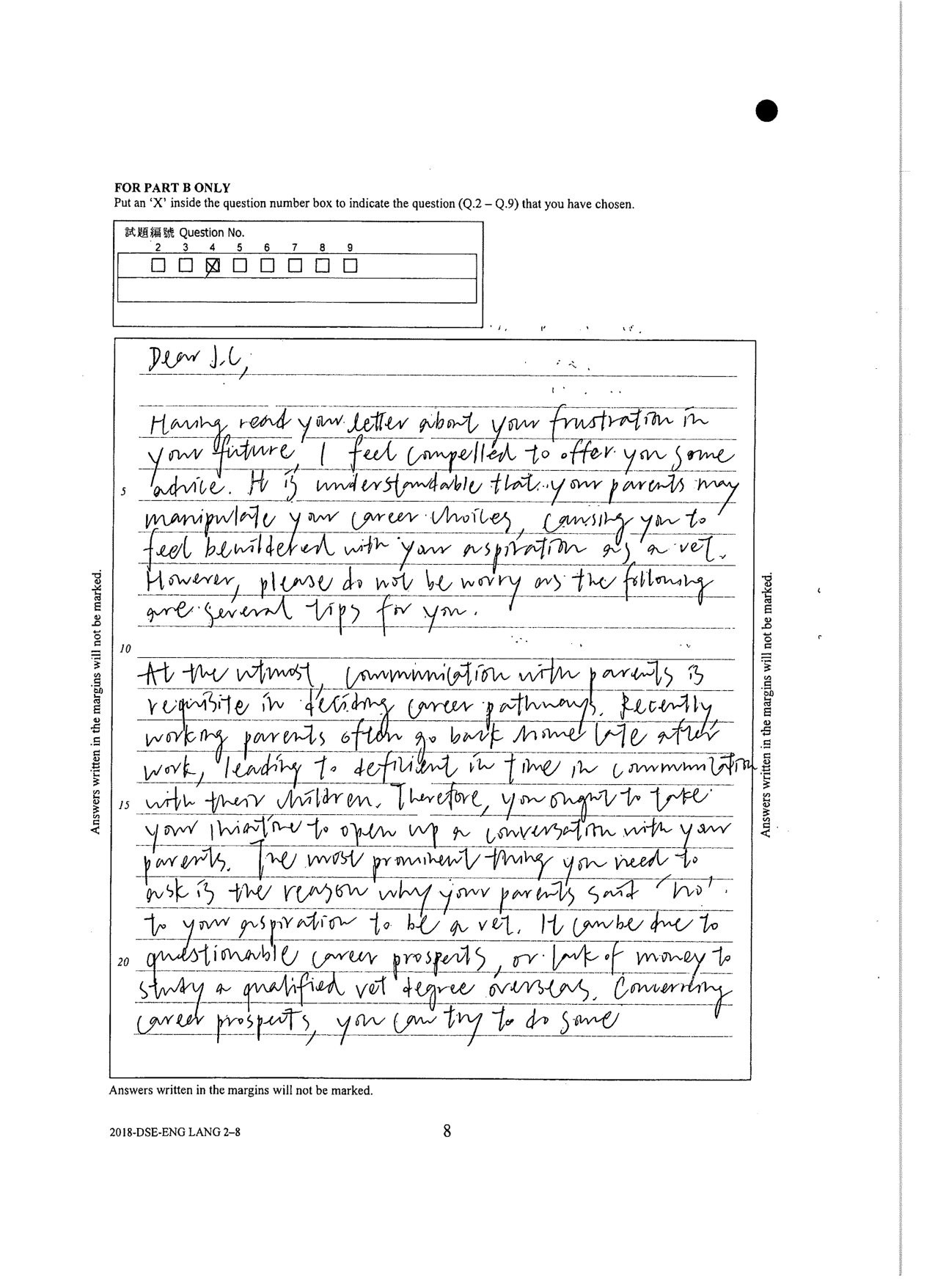 Booklet p.8 - Question-No. box marked Q4 and the opening of the reply to J.C.